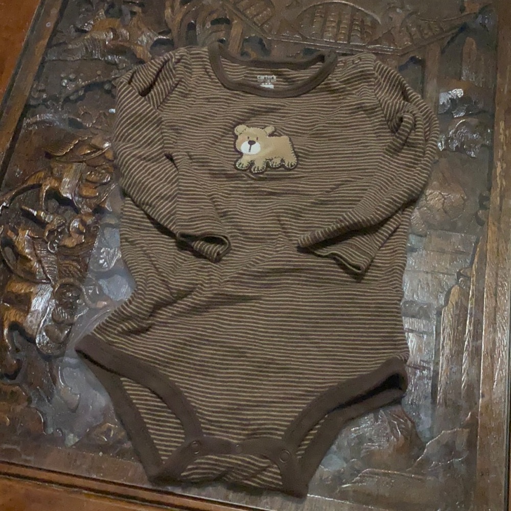 Brown striped long sleeve onesie with bear